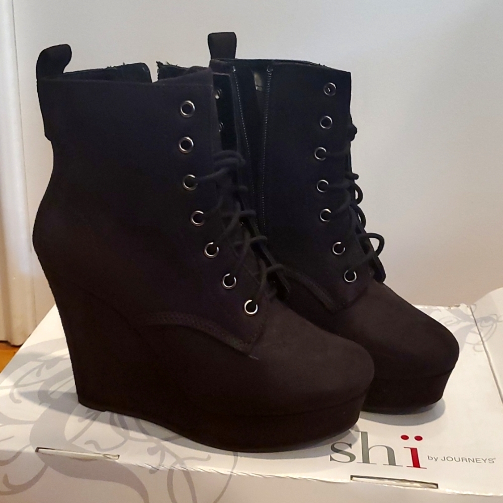 black suede wedge bootie